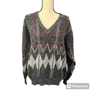 Harbour Club | Vintage Women's Abstract Wool Blend V-Neck Sweater Sz L